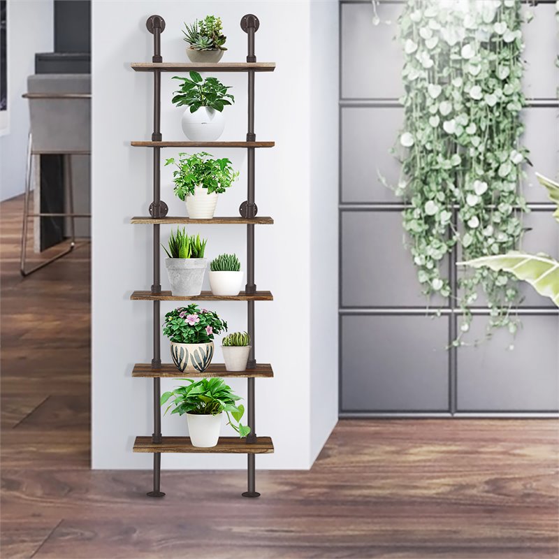 Costway 6-Shelf Contemporary MDF Board and Metal Wall Mount Shelf in Brown