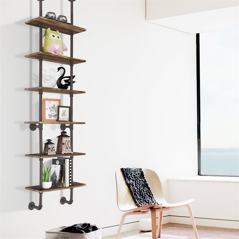Costway 6-Shelf Contemporary MDF Board and Metal Wall Mount Shelf in Brown