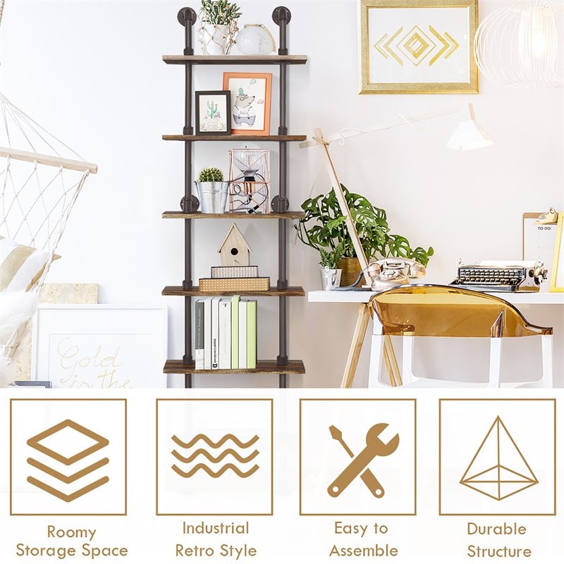 Costway 6-Shelf Contemporary MDF Board and Metal Wall Mount Shelf in Brown
