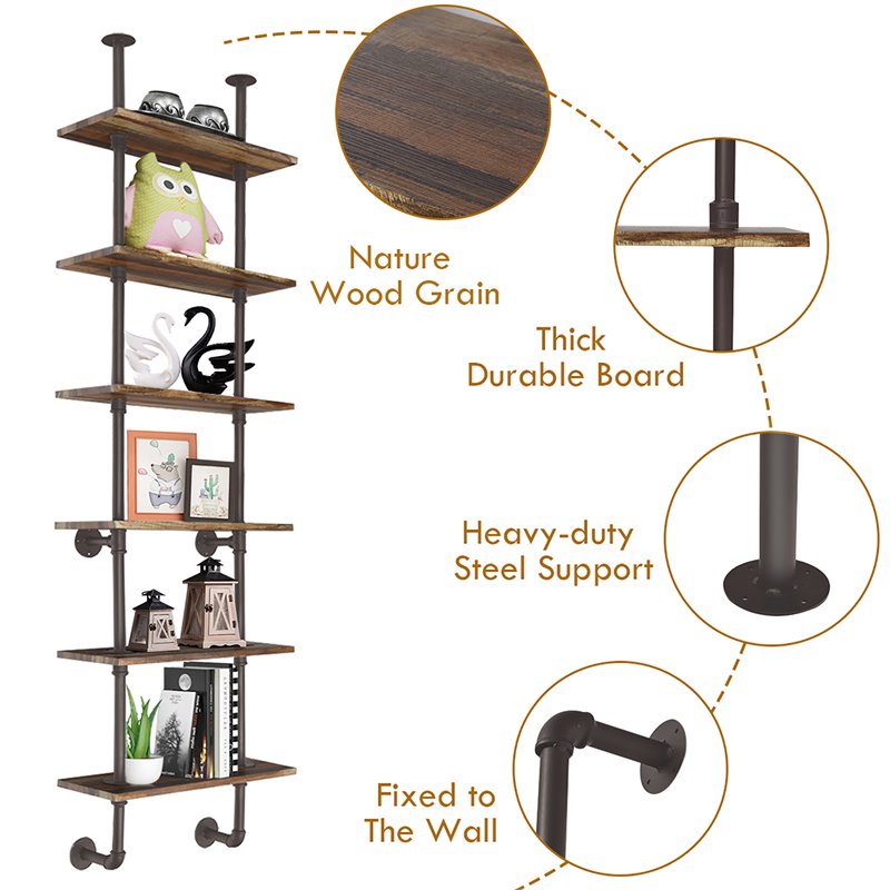 Costway 6-Shelf Contemporary MDF Board and Metal Wall Mount Shelf in Brown
