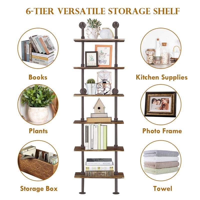 Costway 6-Shelf Contemporary MDF Board and Metal Wall Mount Shelf in Brown