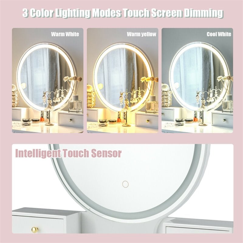 Costway Contemporary MDF and Beech Makeup Table with Circular Mirror in White