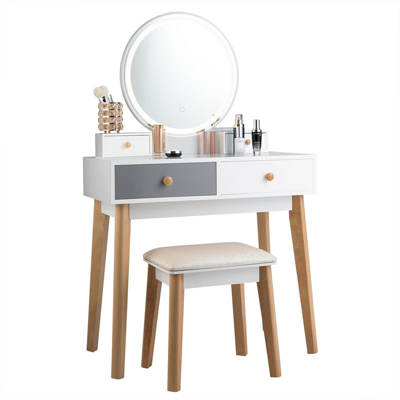 Costway Contemporary MDF and Beech Wood Vanity Table Set with Stool in White