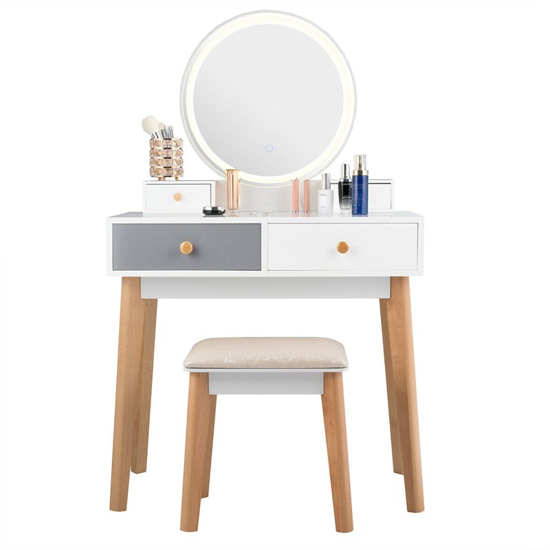 Costway Contemporary MDF and Beech Wood Vanity Table Set with Stool in White