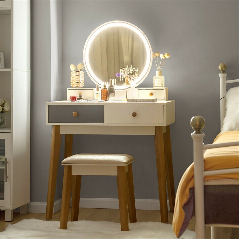 Costway Contemporary MDF and Beech Wood Vanity Table Set with Stool in White