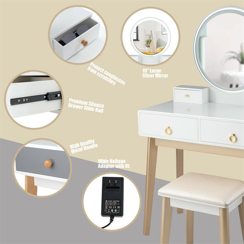 Costway Contemporary MDF and Beech Wood Vanity Table Set with Stool in White