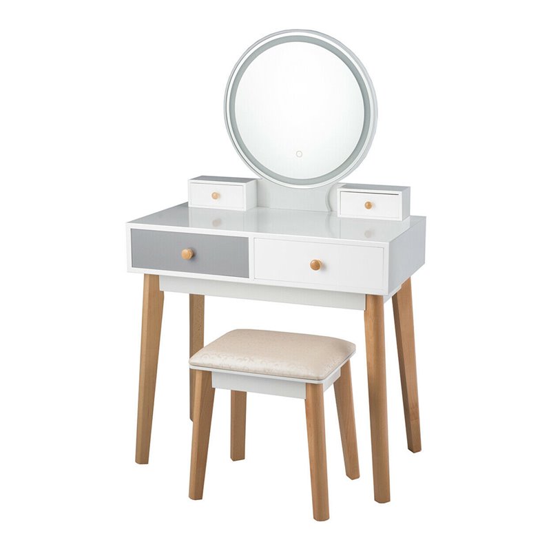 Costway Contemporary MDF and Beech Wood Vanity Table Set with Stool in White