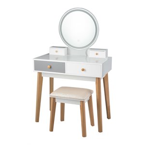Costway Contemporary MDF and Beech Wood Vanity Table Set with Stool in White