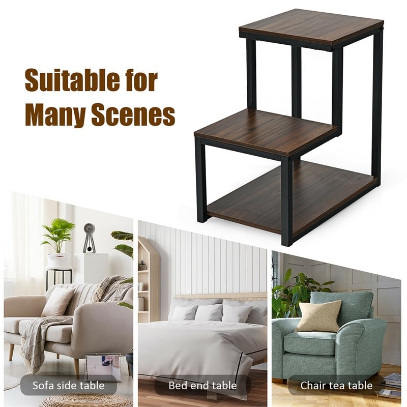 Costway 3-Tier Contemporary Steel End Table with Storage Shelf in Brown