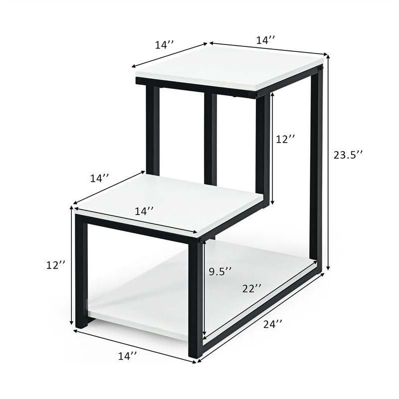 Costway 3-Tier Contemporary Steel End Table with Storage Shelf in White