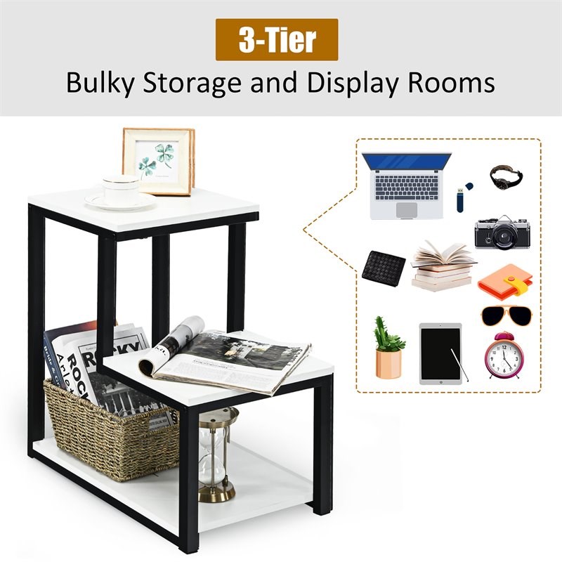 Costway 3-Tier Contemporary Steel End Table with Storage Shelf in White