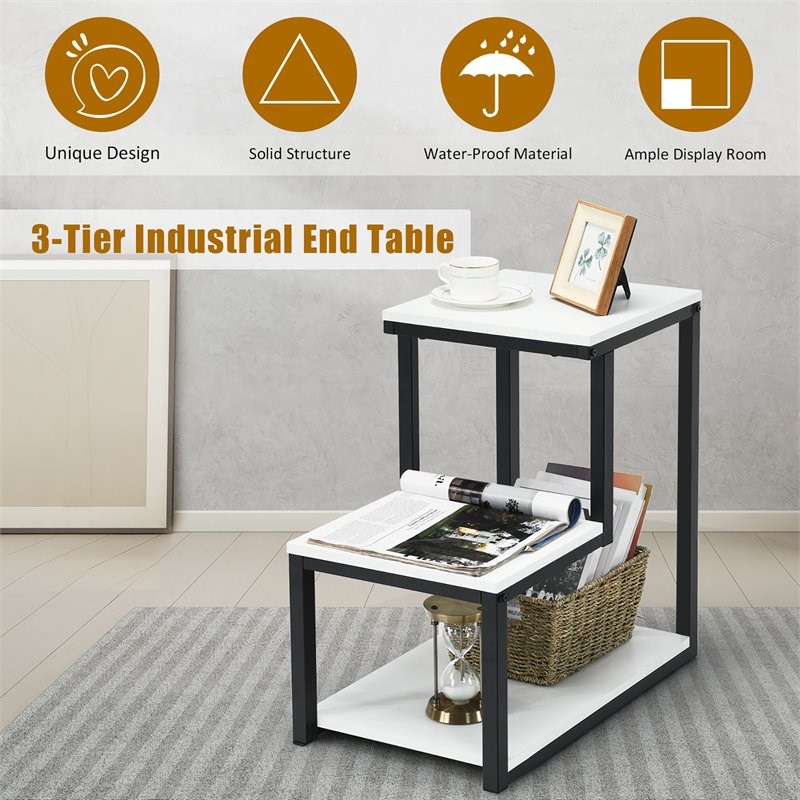 Costway 3-Tier Contemporary Steel End Table with Storage Shelf in White