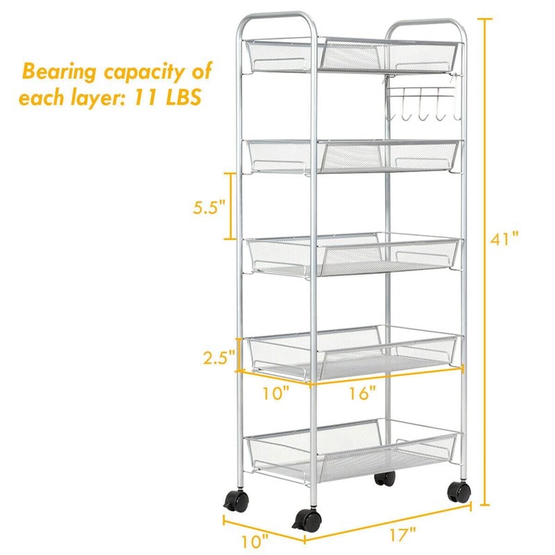 Costway 5-tier Contemporary Iron Mesh Rolling File Utility Cart in Gray