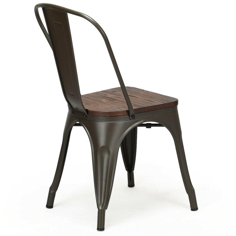 Costway Contemporary Metal and Elm Dining Side Chair in Brown (Set of 4)
