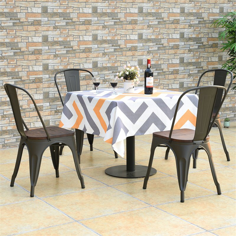 Costway Contemporary Metal and Elm Dining Side Chair in Brown Finish (Set of 4)
