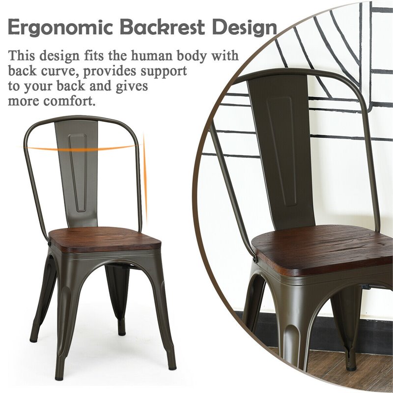Costway Contemporary Metal and Elm Dining Side Chair in Brown Finish (Set of 4)