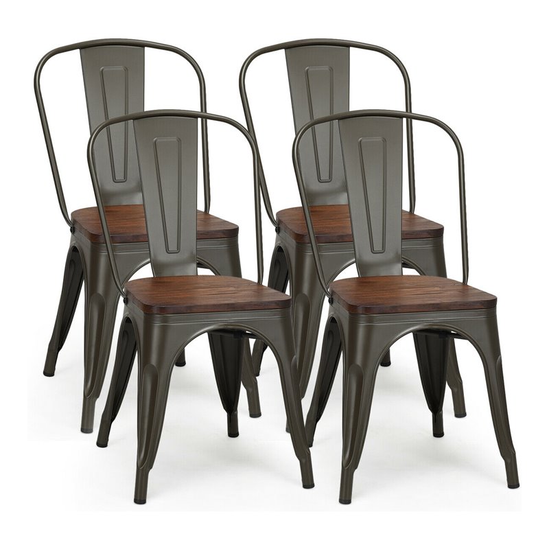 Costway Contemporary Metal and Elm Dining Side Chair in Brown Finish (Set of 4)