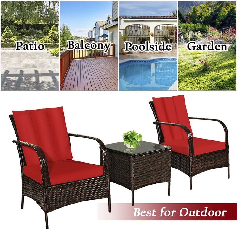 Costway 3-piece Rattan Patio Furniture Set with Red Cushion in Mix Brown