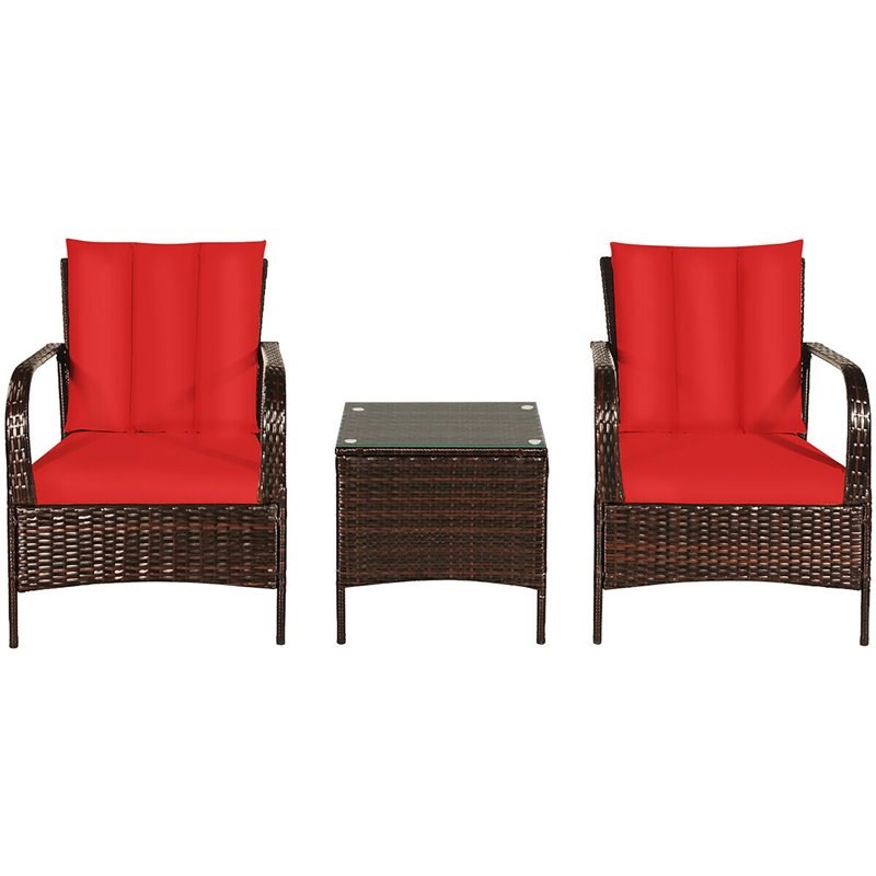 Costway 3-piece Rattan Patio Furniture Set with Red Cushion in Mix Brown