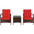 Costway 3-piece Rattan Patio Furniture Set with Red Cushion in Mix Brown