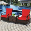 Costway 3-piece Rattan Patio Furniture Set with Red Cushion in Mix Brown