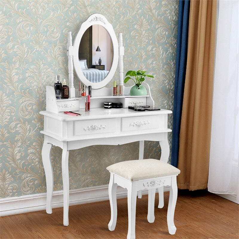 Costway MDF Vanity Makeup Dressing Table Set with Jewelry Storage Stool in White