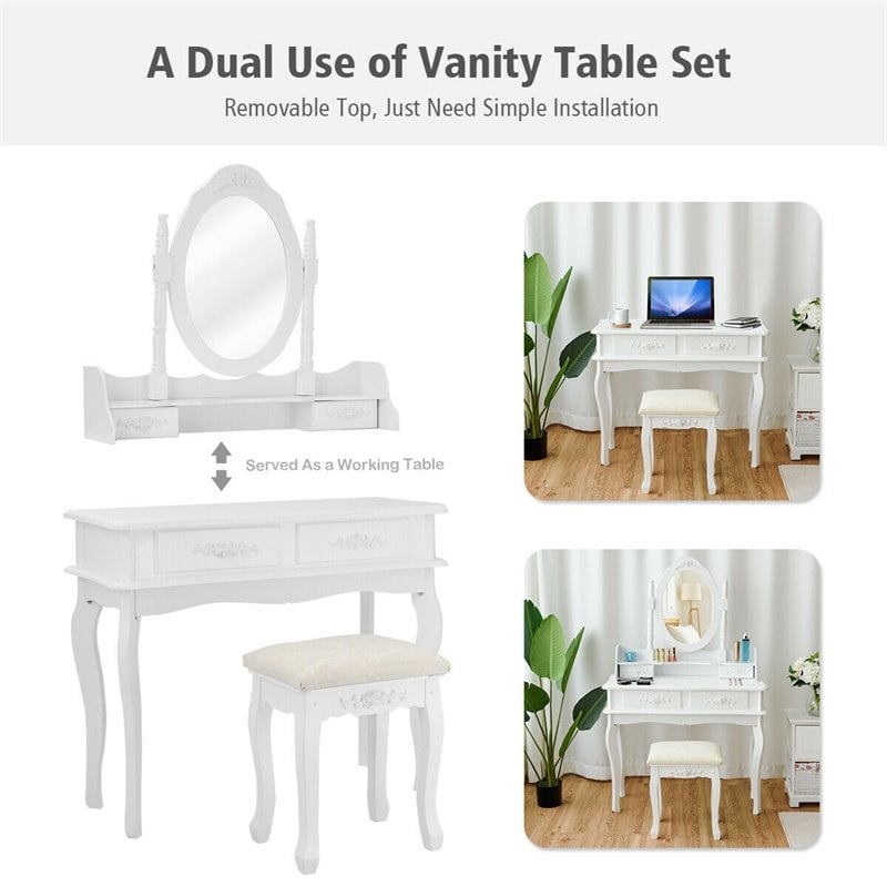 Costway MDF Vanity Makeup Dressing Table Set with Jewelry Storage Stool in White