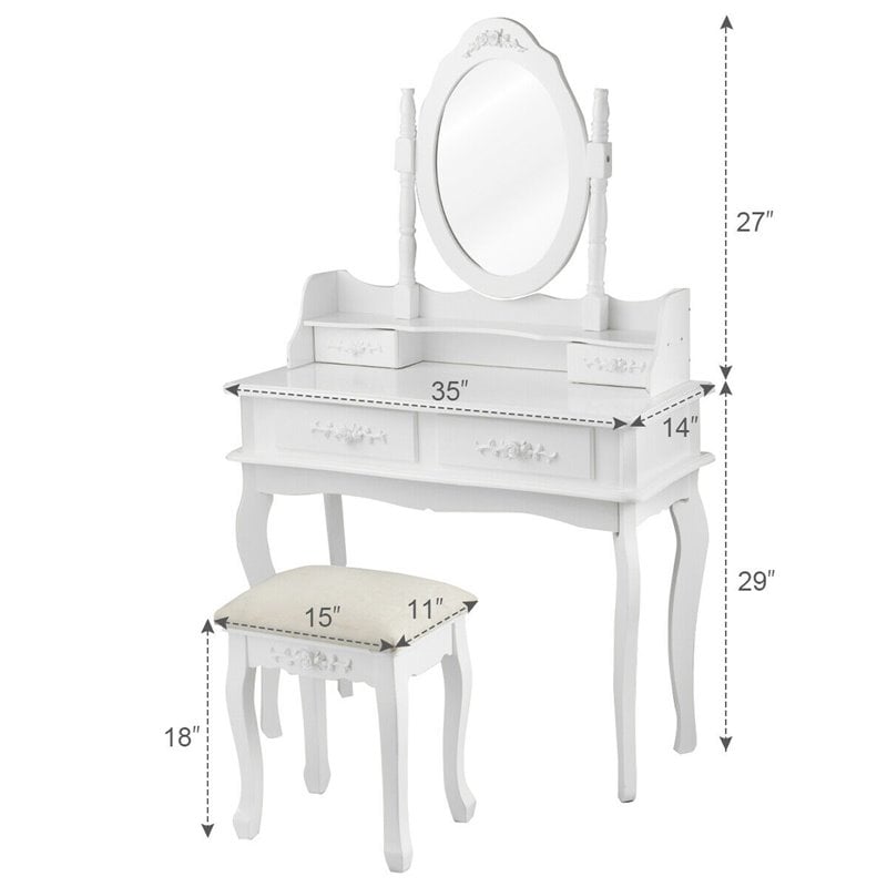 Costway MDF Vanity Makeup Dressing Table Set with Jewelry Storage Stool in White