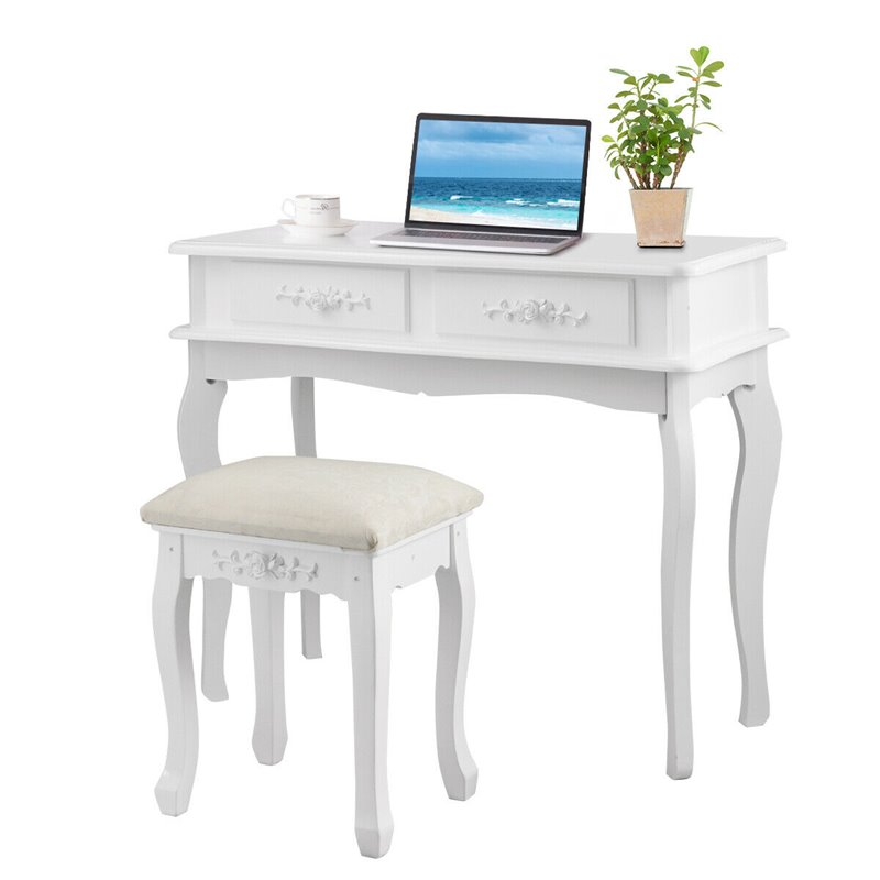 Costway MDF Vanity Makeup Dressing Table Set with Jewelry Storage Stool in White
