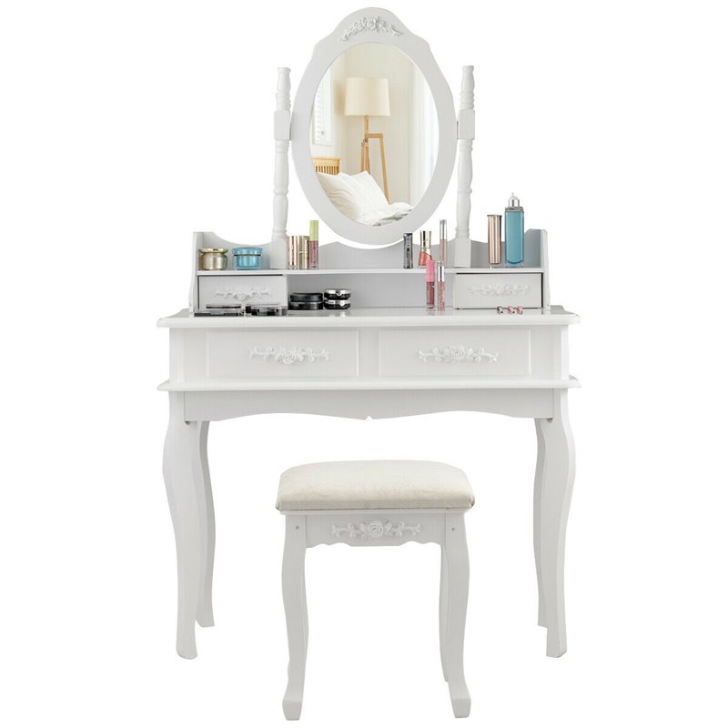 Costway MDF Vanity Makeup Dressing Table Set with Jewelry Storage Stool in White