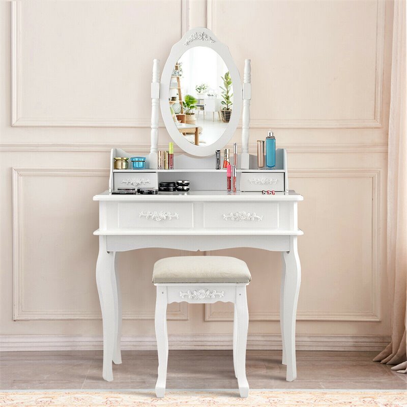 Costway MDF Vanity Makeup Dressing Table Set with Jewelry Storage Stool in White