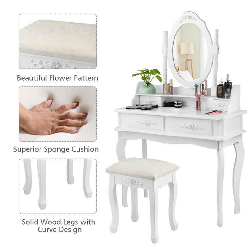 Costway Vanity Jewelry Wooden Makeup Dressing Table Set W/stool