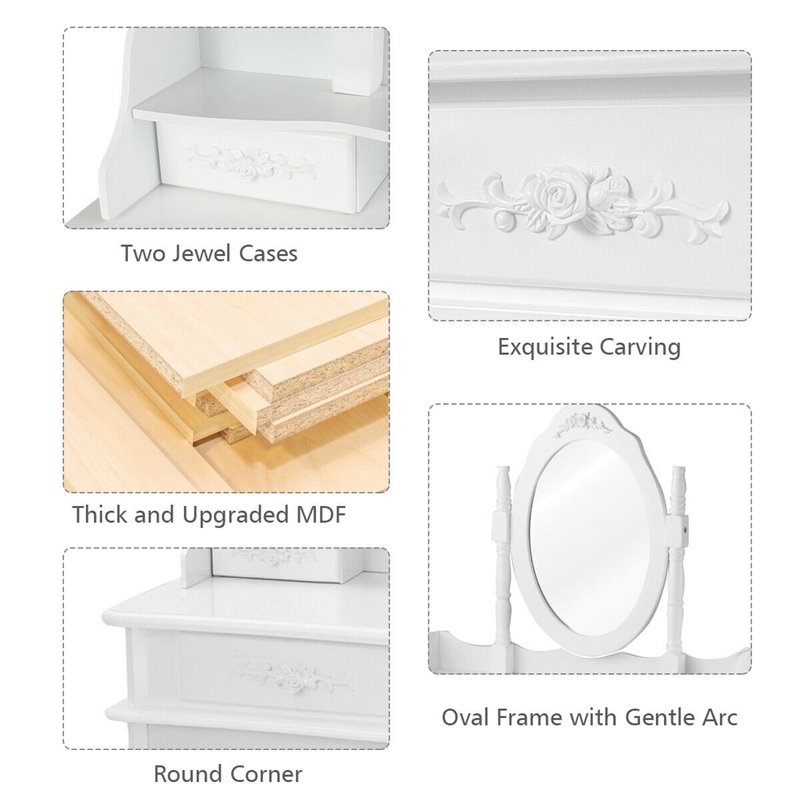 Costway MDF Vanity Makeup Dressing Table Set with Jewelry Storage Stool in White
