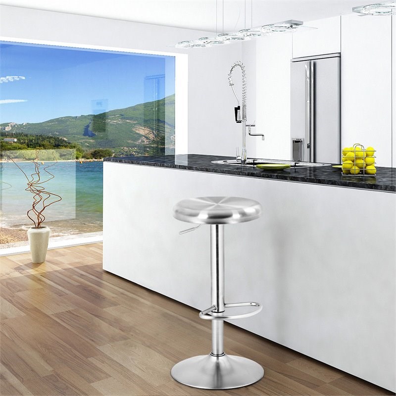 Costway Brushed Stainless Steel Swivel Bar Stool with Round Top in Silver