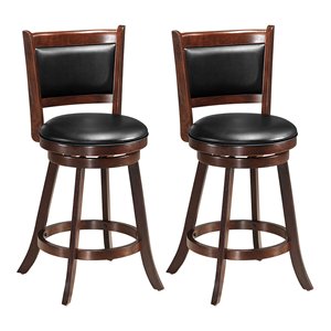 Costway 24&quot Rubber Wood Swivel Counter Stool in Espresso and Black (Set of 2)