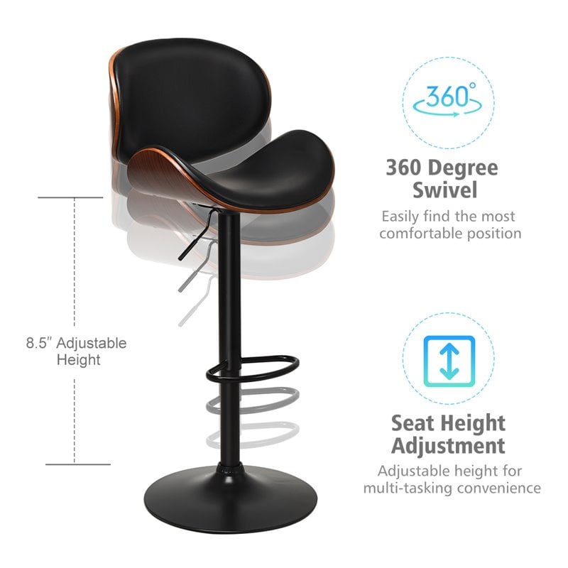 Costway Metal Swivel Barstools with PU Leather Curved Back in Black (Set of 2)