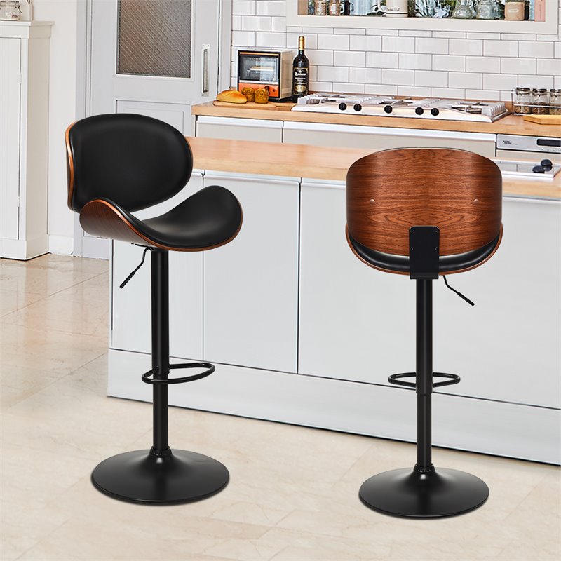 Costway Metal Swivel Barstools with PU Leather Curved Back in Black (Set of 2)