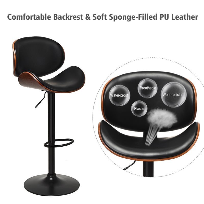 Costway Metal Swivel Barstools with PU Leather Curved Back in Black (Set of 2)