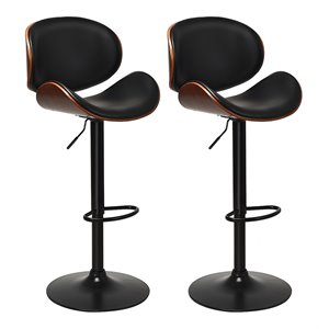 Costway Metal Swivel Barstools with PU Leather Curved Back in Black (Set of 2)