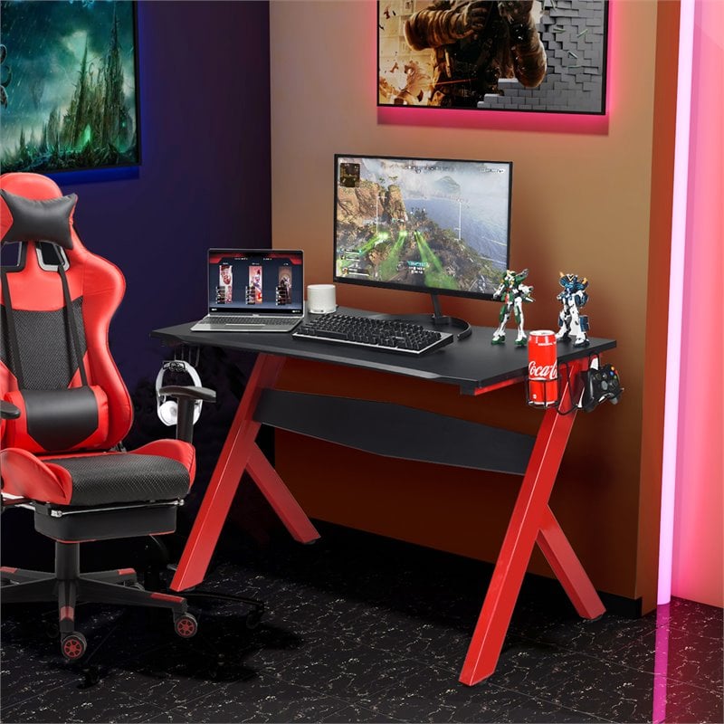 Costway Contemporary MDF and Steel Computer Desk with Cup Holder in Black/Red