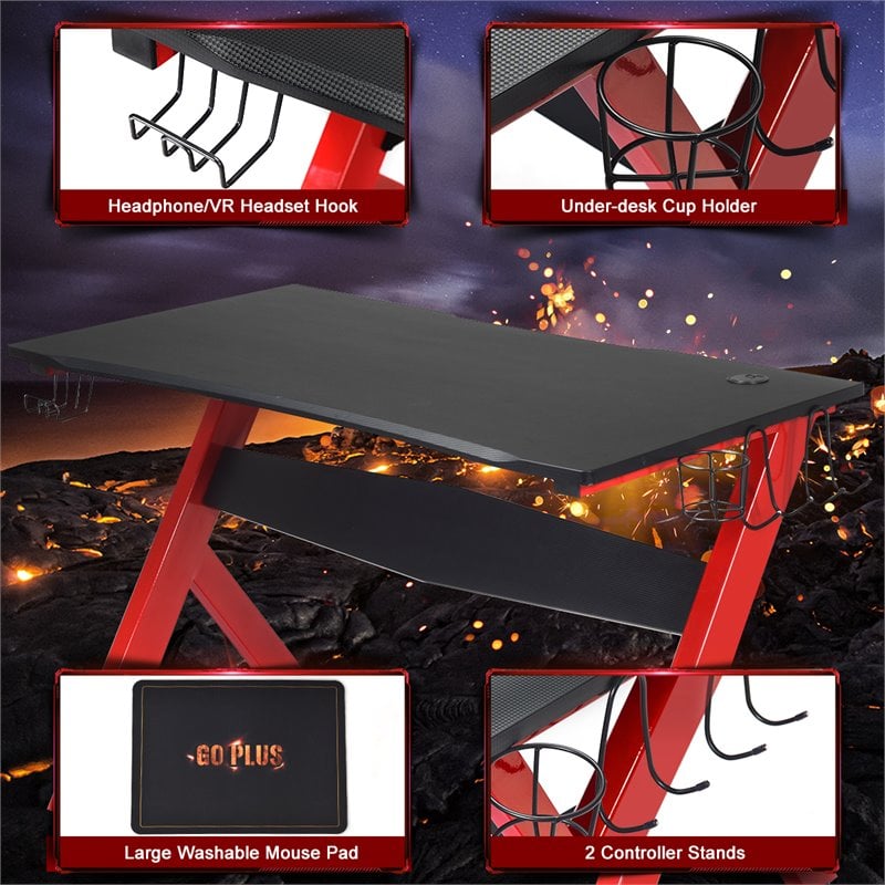 Costway Contemporary MDF and Steel Computer Desk with Cup Holder in Black/Red