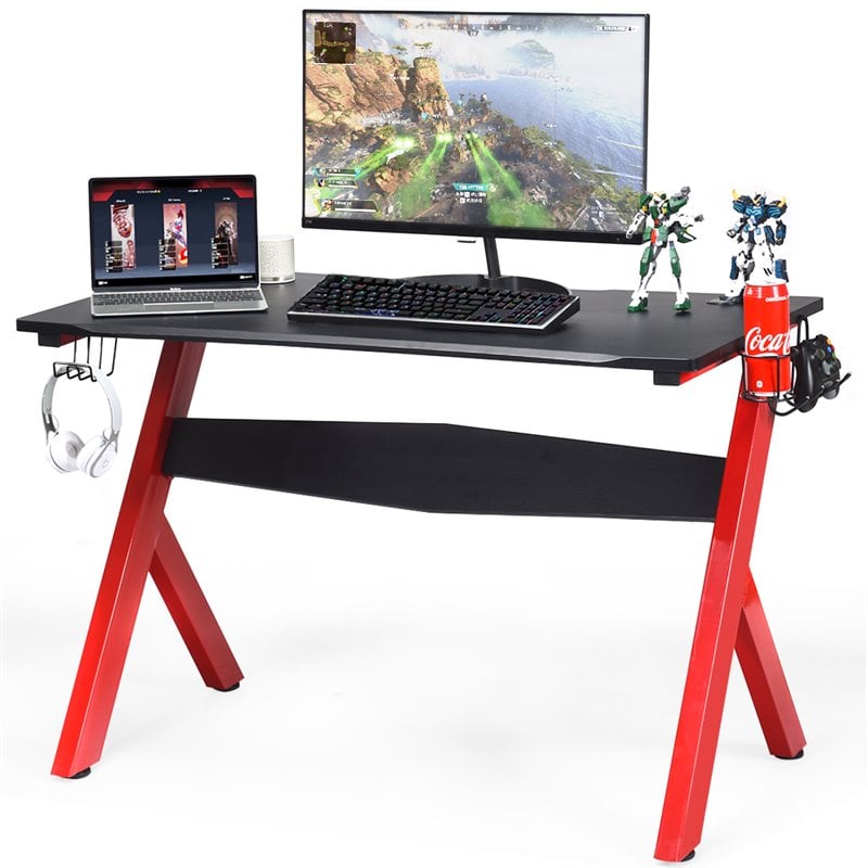 Costway Contemporary MDF and Steel Computer Desk with Cup Holder in Black/Red