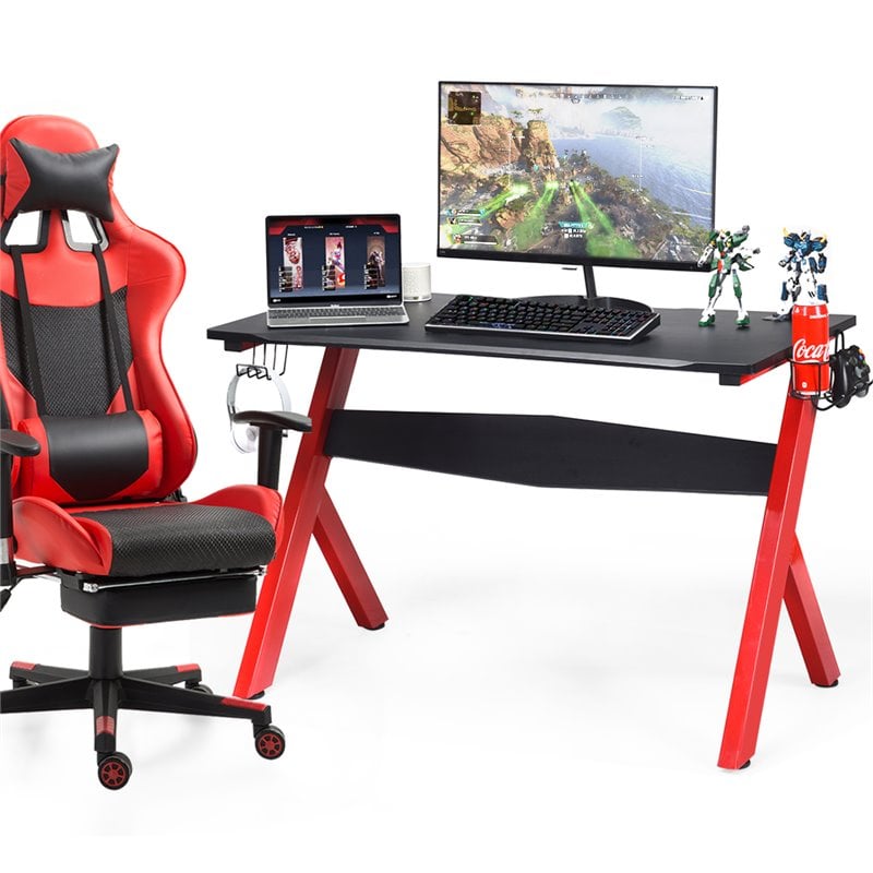 Costway Contemporary MDF and Steel Computer Desk with Cup Holder in Black/Red