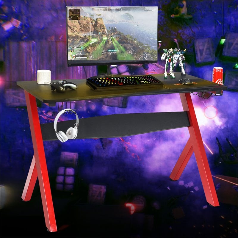 Costway Contemporary MDF and Steel Computer Desk with Cup Holder in Black/Red