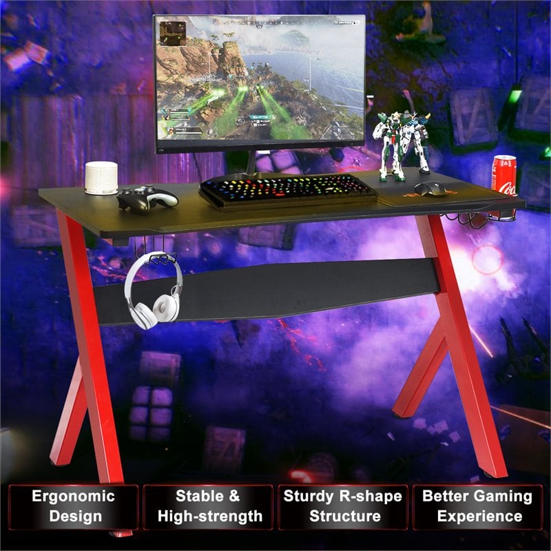 Costway Contemporary MDF and Steel Computer Desk with Cup Holder in Black/Red