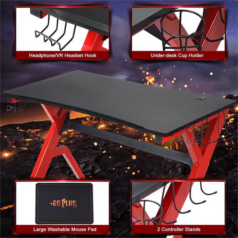 Costway Contemporary MDF and Steel Computer Desk with Cup Holder in Red/Black