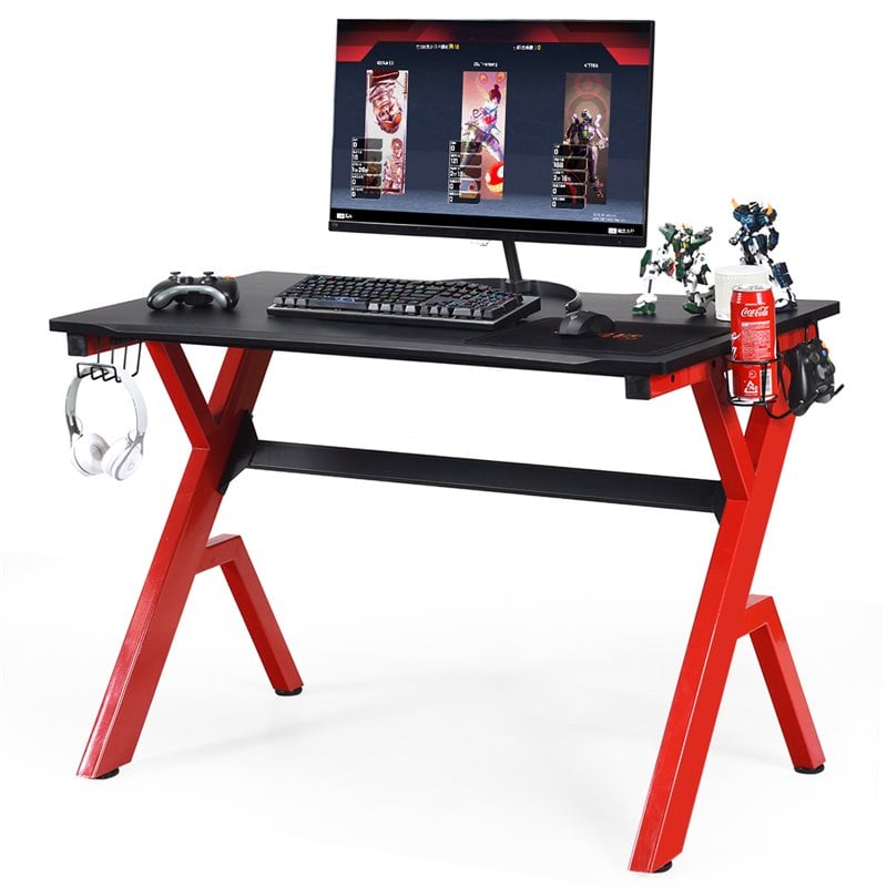Costway Contemporary MDF and Steel Computer Desk with Cup Holder in Red/Black