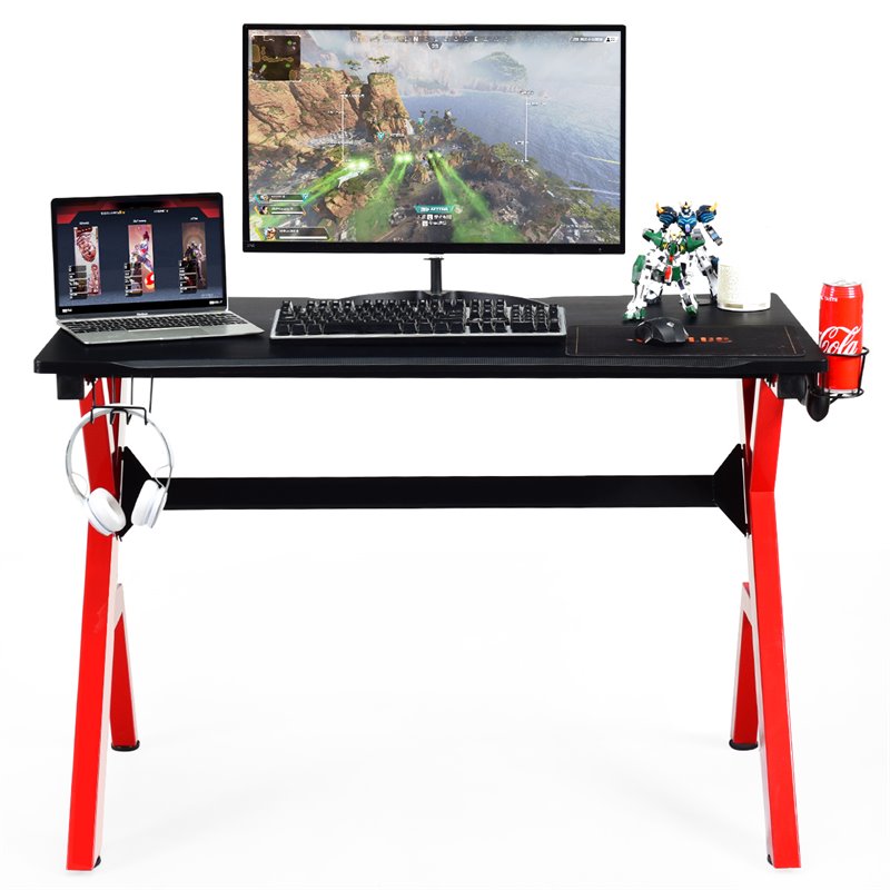 Costway Contemporary MDF and Steel Computer Desk with Cup Holder in Red/Black