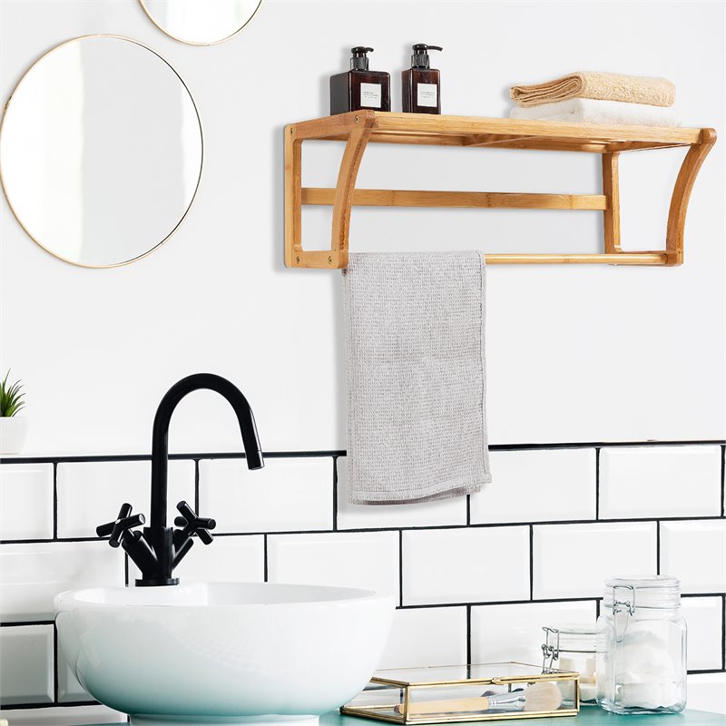 Costway Contemporary Bamboo Towel Rack with Shelf and Towel Bar in Natural