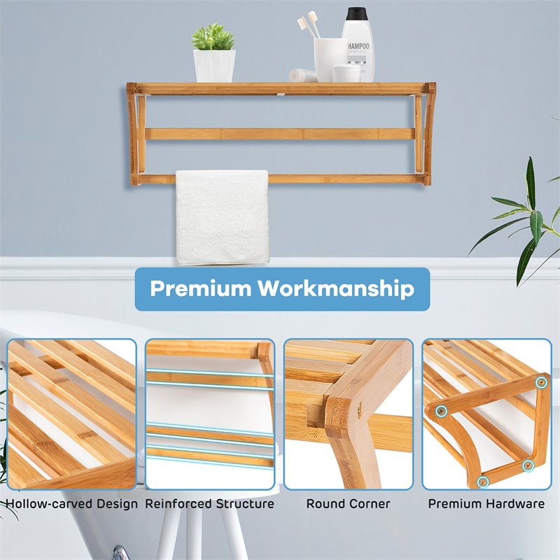 Costway Contemporary Bamboo Towel Rack with Shelf and Towel Bar in Natural